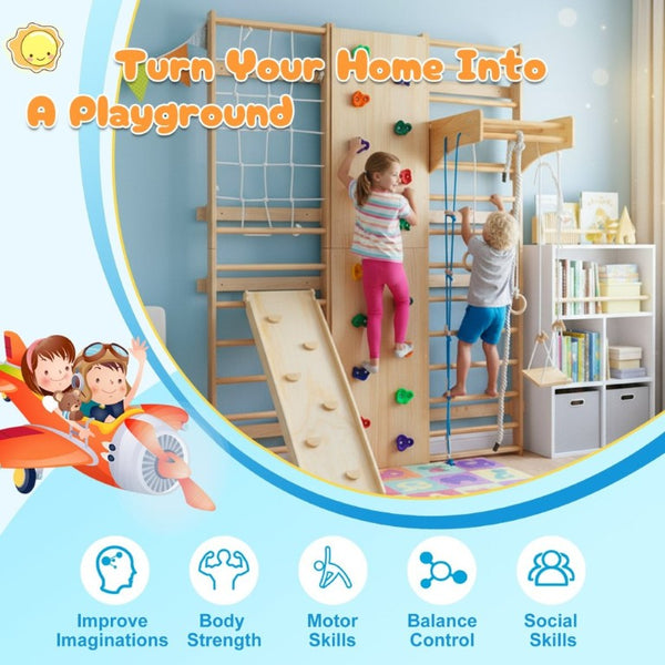 English Elm All-In-One Solid Wood Wall Mounted Indoor Climbing Gym with Rings Swings and Rope Ladder W1422S00084