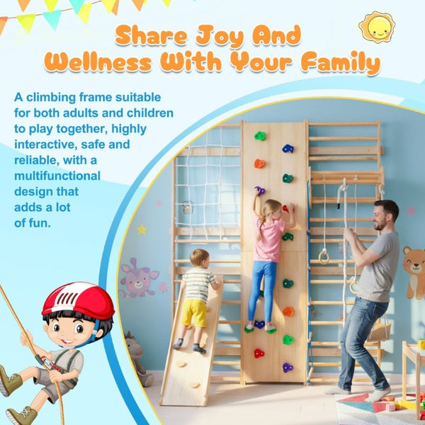 English Elm All-In-One Solid Wood Wall Mounted Indoor Climbing Gym with Rings Swings and Rope Ladder W1422S00084