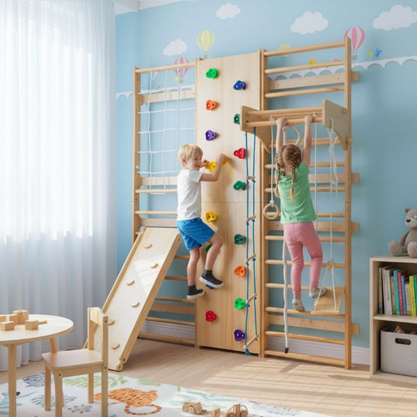 English Elm All-In-One Solid Wood Wall Mounted Indoor Climbing Gym with Rings Swings and Rope Ladder W1422S00084