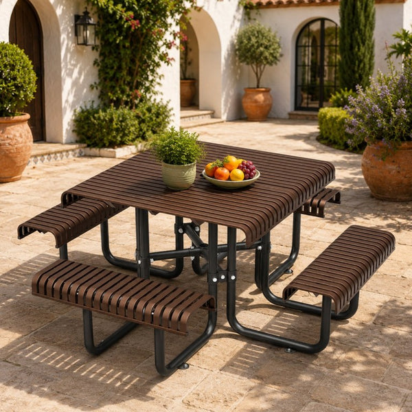 English Elm 80.7 Inch Heavy Duty Steel Picnic Table Seats Eight with Umbrella Hole for Backyard W1422S00089
