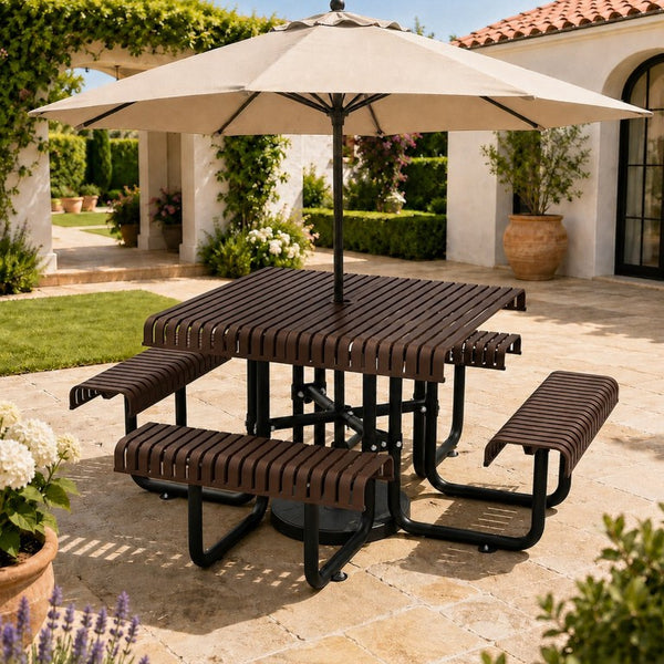 English Elm 80.7 Inch Heavy Duty Steel Picnic Table Seats Eight with Umbrella Hole for Backyard W1422S00089