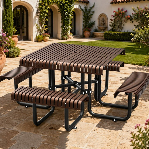 English Elm 80.7 Inch Heavy Duty Steel Picnic Table Seats Eight with Umbrella Hole for Backyard W1422S00089