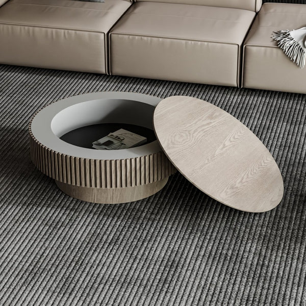 English Elm 31.5 Inch Round Lift Top Coffee Table Wood Veneer Hidden Storage Modern Grey W1435P322016
