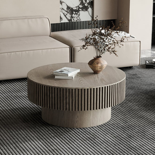 English Elm 31.5 Inch Round Lift Top Coffee Table Wood Veneer Hidden Storage Modern Grey W1435P322016