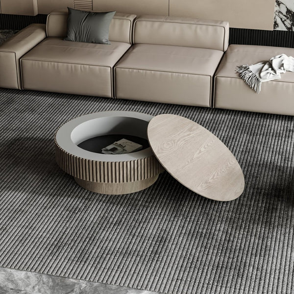 English Elm 31.5 Inch Round Lift Top Coffee Table Wood Veneer Hidden Storage Modern Grey W1435P322016