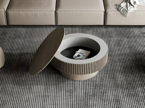 English Elm 31.5 Inch Round Lift Top Coffee Table Wood Veneer Hidden Storage Modern Grey W1435P322016