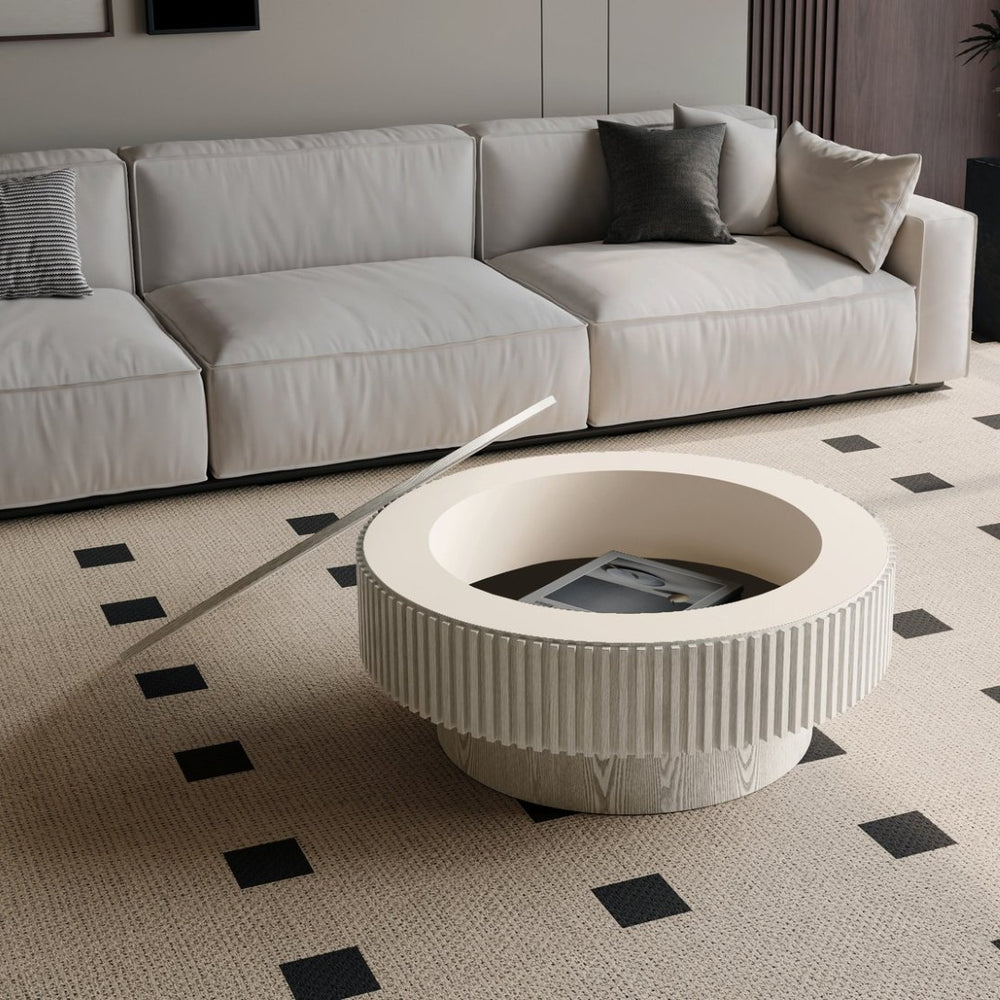 English Elm 31.5 Inch Round Lift Top Coffee Table Fluted Wood Veneer Storage Living Room Accent W1435P457779