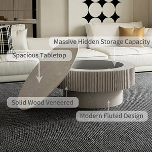 English Elm 31.5 Inch Round Lift Top Coffee Table Fluted Wood Veneer Storage Living Room Accent W1435P457779