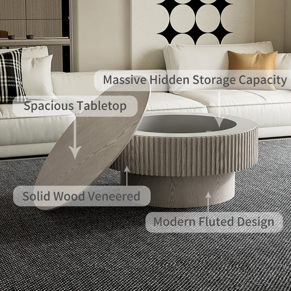 English Elm 31.5 Inch Round Lift Top Coffee Table Fluted Wood Veneer Storage Living Room Accent W1435P457779