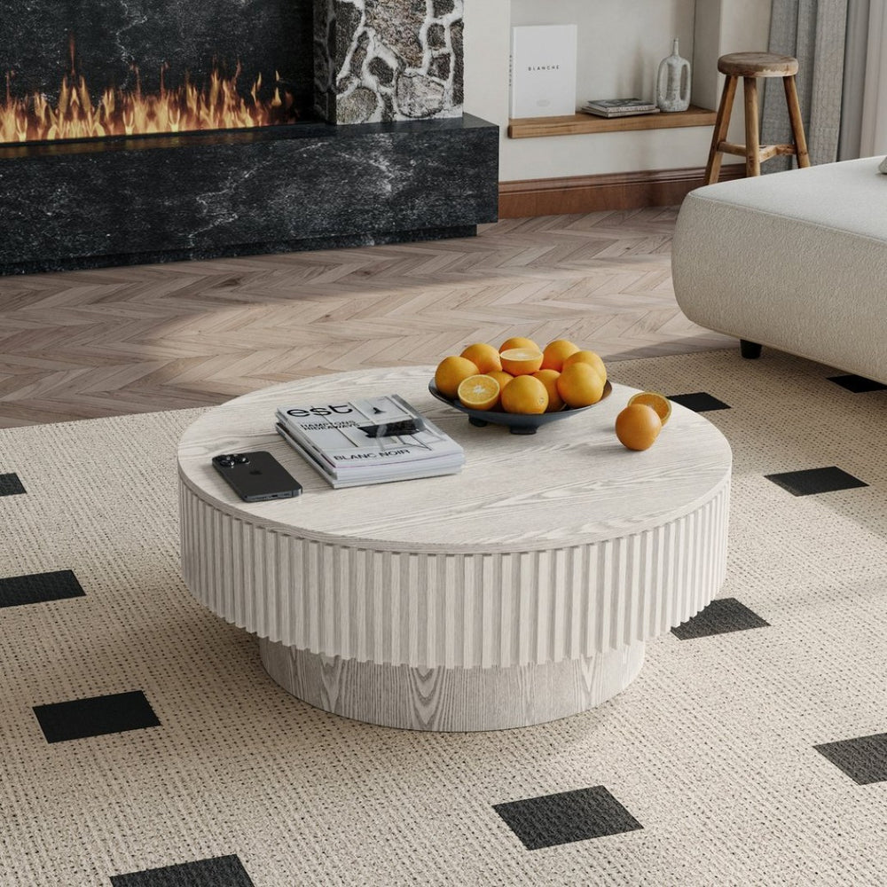 English Elm 31.5 Inch Round Lift Top Coffee Table Fluted Wood Veneer Storage Living Room Accent W1435P457779
