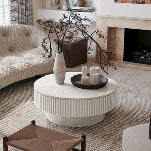 English Elm 31.5 Inch Round Lift Top Coffee Table Fluted Wood Veneer Storage Living Room Accent W1435P457779