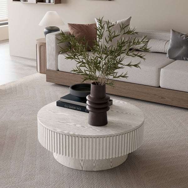 English Elm 31.5 Inch Round Lift Top Coffee Table Fluted Wood Veneer Storage Living Room Accent W1435P457779