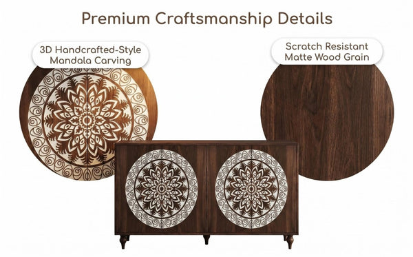 English Elm 60 Inch Mandala Carved Walnut Credenza Boho Buffet with Tapered Legs for Dining Room Dark Walnut W1435P491226