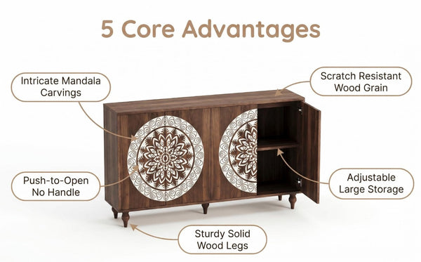 English Elm 60 Inch Mandala Carved Walnut Credenza Boho Buffet with Tapered Legs for Dining Room Dark Walnut W1435P491226