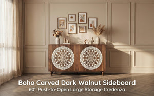 English Elm 60 Inch Mandala Carved Walnut Credenza Boho Buffet with Tapered Legs for Dining Room Dark Walnut W1435P491226