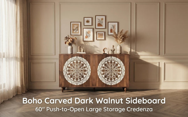 English Elm 60 Inch Mandala Carved Walnut Credenza Boho Buffet with Tapered Legs for Dining Room Dark Walnut W1435P491226