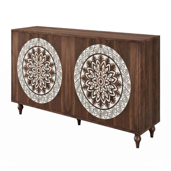 English Elm 60 Inch Mandala Carved Walnut Credenza Boho Buffet with Tapered Legs for Dining Room Dark Walnut W1435P491226