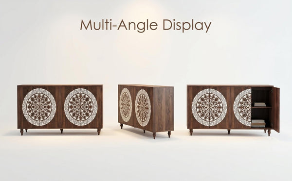 English Elm 60 Inch Mandala Carved Walnut Credenza Boho Buffet with Tapered Legs for Dining Room Dark Walnut W1435P491226