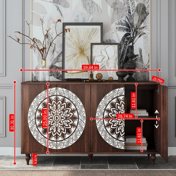 English Elm 60 Inch Mandala Carved Walnut Credenza Boho Buffet with Tapered Legs for Dining Room Dark Walnut W1435P491226