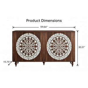 English Elm 60 Inch Mandala Carved Walnut Credenza Boho Buffet with Tapered Legs for Dining Room Dark Walnut W1435P491226