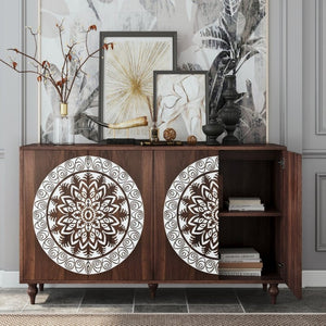 English Elm 60 Inch Mandala Carved Walnut Credenza Boho Buffet with Tapered Legs for Dining Room Dark Walnut W1435P491226