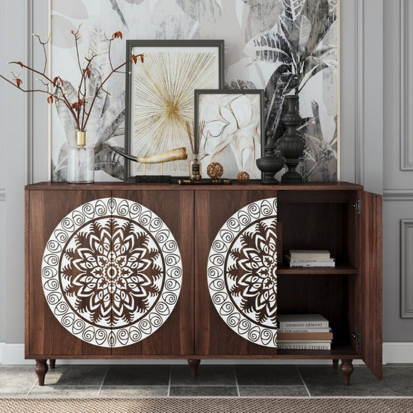 English Elm 60 Inch Mandala Carved Walnut Credenza Boho Buffet with Tapered Legs for Dining Room Dark Walnut W1435P491226