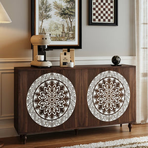 English Elm 60 Inch Mandala Carved Walnut Credenza Boho Buffet with Tapered Legs for Dining Room Dark Walnut W1435P491226