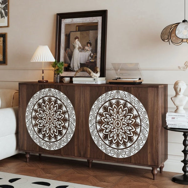 English Elm 60 Inch Mandala Carved Walnut Credenza Boho Buffet with Tapered Legs for Dining Room Dark Walnut W1435P491226