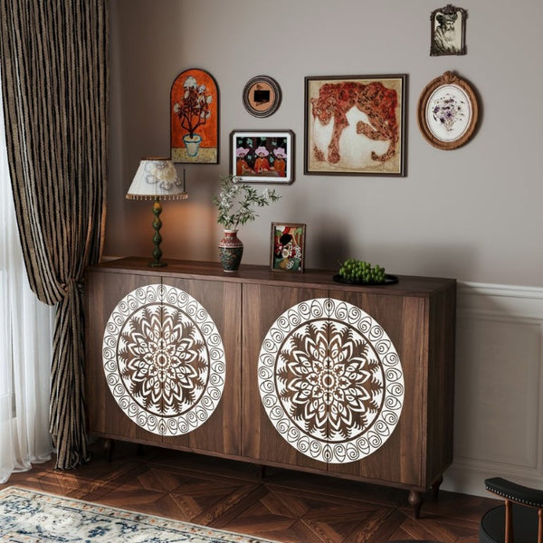 English Elm 60 Inch Mandala Carved Walnut Credenza Boho Buffet with Tapered Legs for Dining Room Dark Walnut W1435P491226