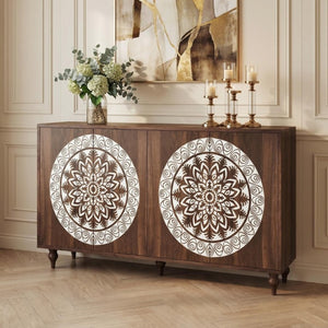 English Elm 60 Inch Mandala Carved Walnut Credenza Boho Buffet with Tapered Legs for Dining Room Dark Walnut W1435P491226