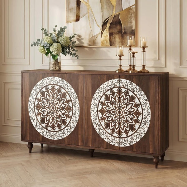 English Elm 60 Inch Mandala Carved Walnut Credenza Boho Buffet with Tapered Legs for Dining Room Dark Walnut W1435P491226