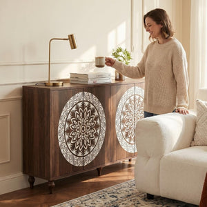 English Elm 60 Inch Mandala Carved Walnut Credenza Boho Buffet with Tapered Legs for Dining Room Dark Walnut W1435P491226