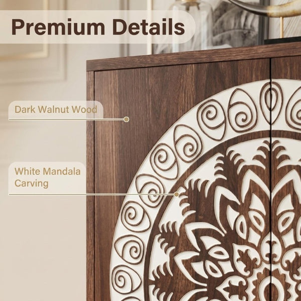 English Elm 60 Inch Mandala Carved Walnut Credenza Boho Buffet with Tapered Legs for Dining Room Dark Walnut W1435P491226