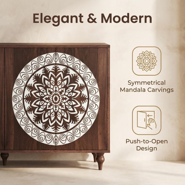 English Elm 60 Inch Mandala Carved Walnut Credenza Boho Buffet with Tapered Legs for Dining Room Dark Walnut W1435P491226