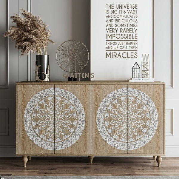 English Elm 60 Inch Mandala Carved Walnut Credenza Boho Buffet with Tapered Legs for Dining Room Light Oak W1435P491230