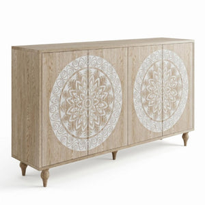 English Elm 60 Inch Mandala Carved Walnut Credenza Boho Buffet with Tapered Legs for Dining Room Light Oak W1435P491230