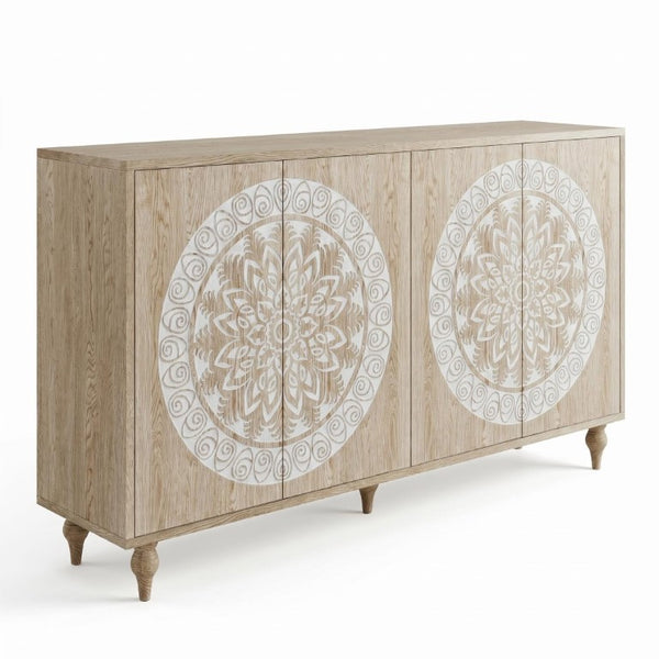 English Elm 60 Inch Mandala Carved Walnut Credenza Boho Buffet with Tapered Legs for Dining Room Light Oak W1435P491230