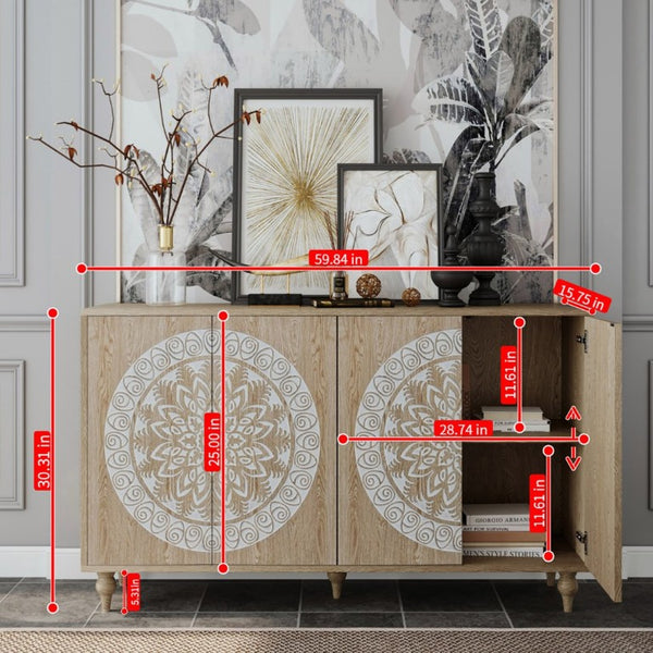 English Elm 60 Inch Mandala Carved Walnut Credenza Boho Buffet with Tapered Legs for Dining Room Light Oak W1435P491230