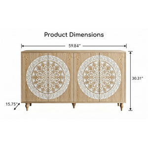 English Elm 60 Inch Mandala Carved Walnut Credenza Boho Buffet with Tapered Legs for Dining Room Light Oak W1435P491230