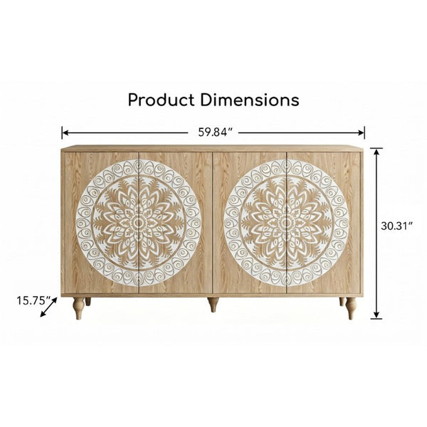 English Elm 60 Inch Mandala Carved Walnut Credenza Boho Buffet with Tapered Legs for Dining Room Light Oak W1435P491230