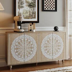 English Elm 60 Inch Mandala Carved Walnut Credenza Boho Buffet with Tapered Legs for Dining Room Light Oak W1435P491230