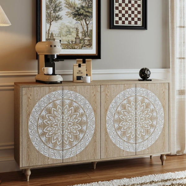 English Elm 60 Inch Mandala Carved Walnut Credenza Boho Buffet with Tapered Legs for Dining Room Light Oak W1435P491230