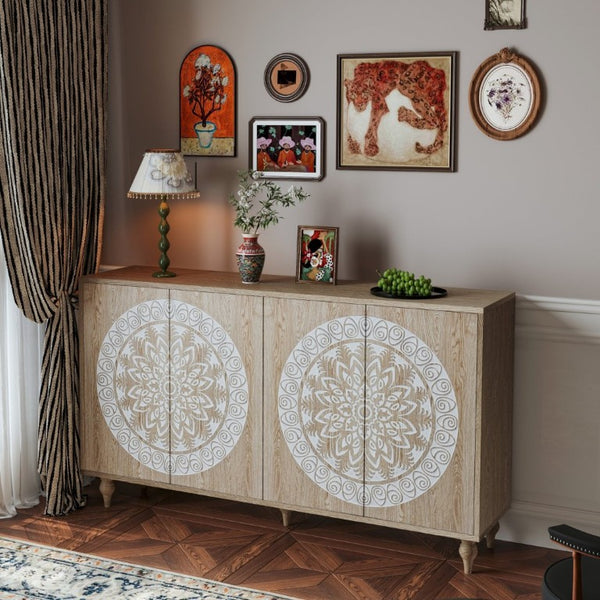 English Elm 60 Inch Mandala Carved Walnut Credenza Boho Buffet with Tapered Legs for Dining Room Light Oak W1435P491230