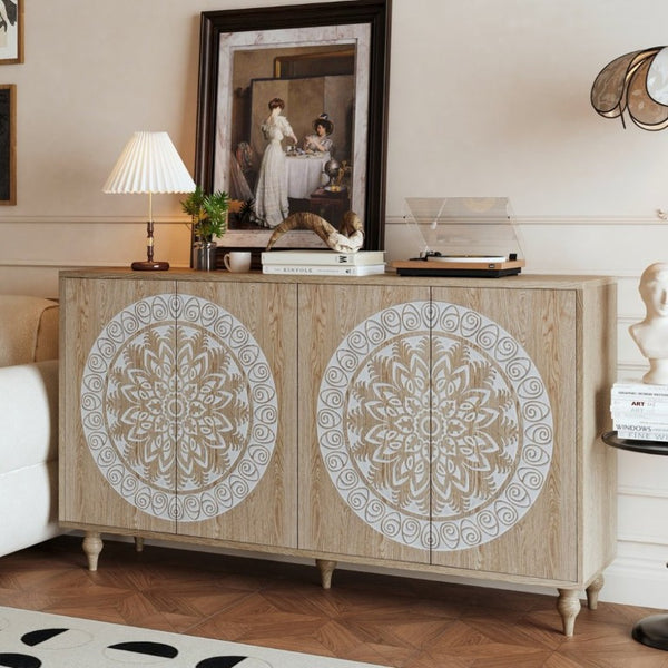 English Elm 60 Inch Mandala Carved Walnut Credenza Boho Buffet with Tapered Legs for Dining Room Light Oak W1435P491230