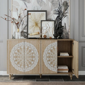 English Elm 60 Inch Mandala Carved Walnut Credenza Boho Buffet with Tapered Legs for Dining Room Light Oak W1435P491230