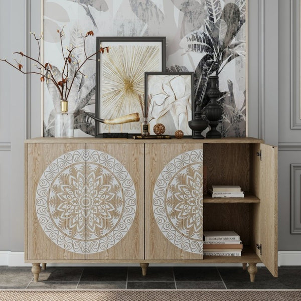 English Elm 60 Inch Mandala Carved Walnut Credenza Boho Buffet with Tapered Legs for Dining Room Light Oak W1435P491230