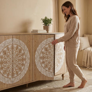 English Elm 60 Inch Mandala Carved Walnut Credenza Boho Buffet with Tapered Legs for Dining Room Light Oak W1435P491230