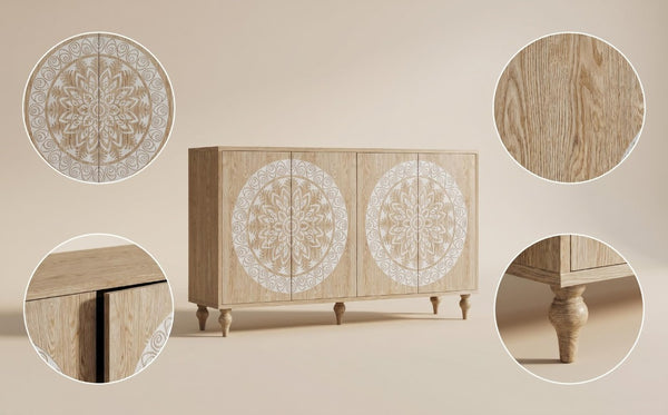 English Elm 60 Inch Mandala Carved Walnut Credenza Boho Buffet with Tapered Legs for Dining Room Light Oak W1435P491230