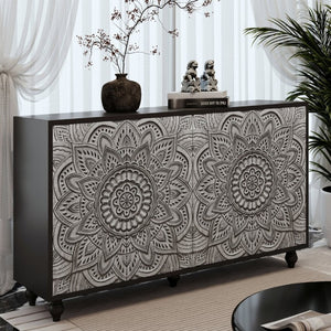 English Elm 60 Inch Boho Mandala Carved Sideboard with Push Open Doors and Turned Leg Storage Black W1435P491233