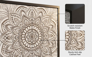 English Elm 60 Inch Boho Mandala Carved Sideboard with Push Open Doors and Turned Leg Storage Black W1435P491233
